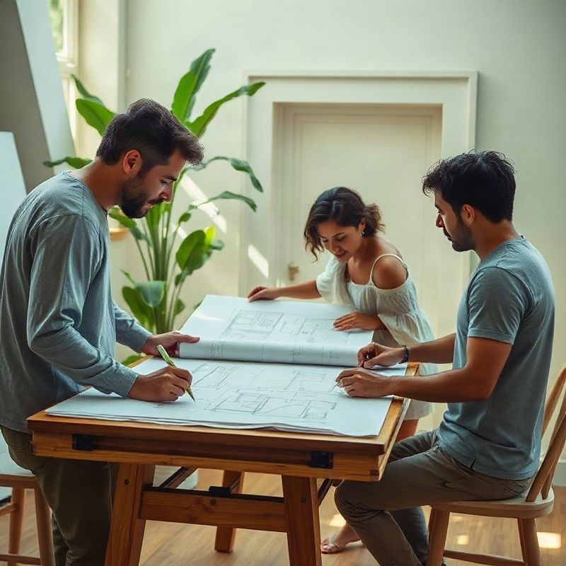 Equipe da Architectureharborx analisando plantas em uma mesa de trabalho
