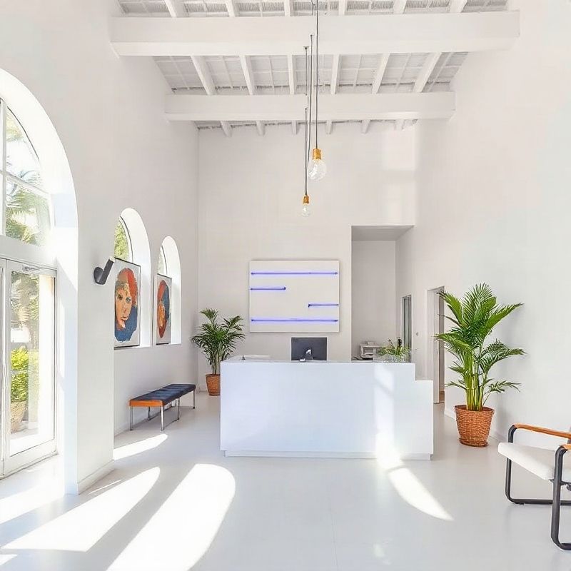 Recepção do escritório em Ipanema com acentos índigo-tech