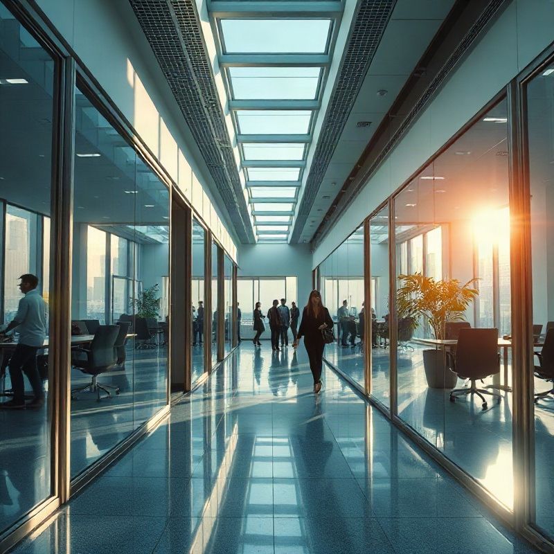 Escritório corporativo contemporâneo no Rio de Janeiro com paleta índigo-tech